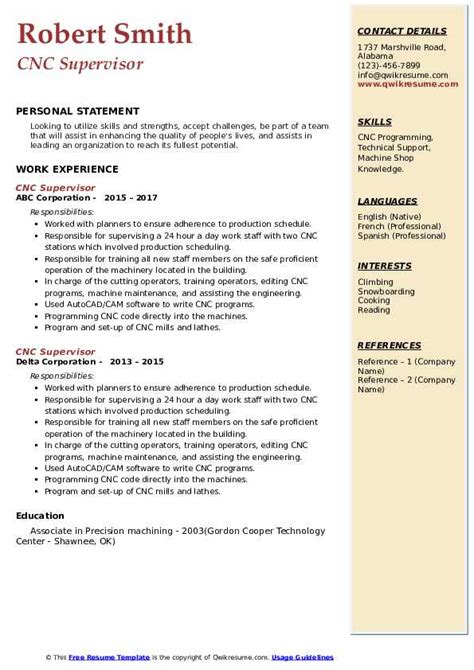 resume for cnc supervisor